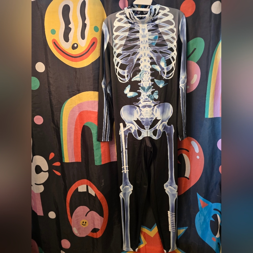 Women's Badinka Bodysuit Full Coverage Zip Up Black White Skeleton Costume XXL